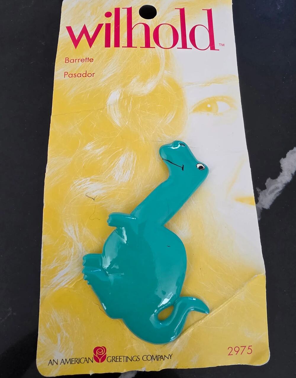 Wilhold Turquoise Dinosaur Barrette 1990s Retro Hair Clip Original Card NOS Coll